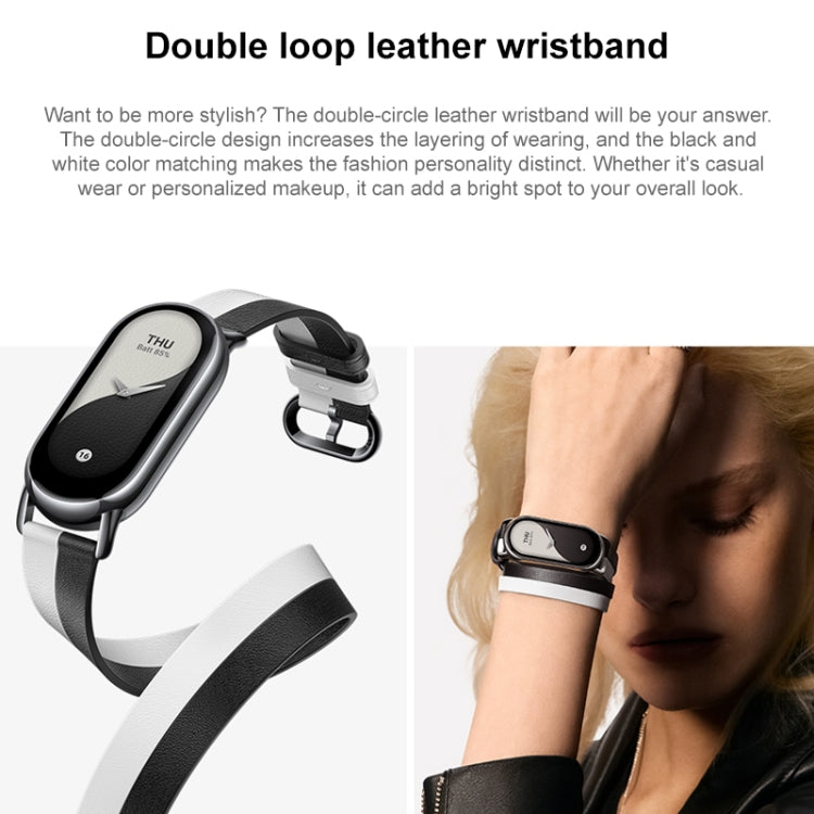 Original For Xiaomi Mi Band 8 Genuine Leather Double Loop Watch Band(Black White) - Watch Bands by Xiaomi | Online Shopping UK | buy2fix