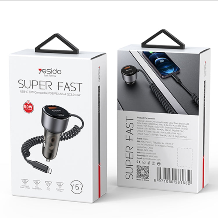 Yesido Y57 50W PD + QC3.0 Dual Port Car Charger with 8 Pin Spring Data Cable - Car Charger by Yesido | Online Shopping UK | buy2fix