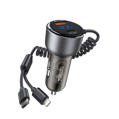 Yesido Y58 60W PD + QC3.0 Dual Port Car Fast Charger with USB-C / Type-C + 8 Pin Spring Cable - Car Charger by Yesido | Online Shopping UK | buy2fix