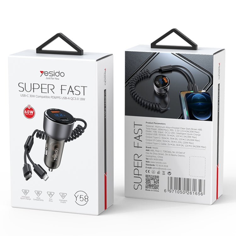 Yesido Y58 60W PD + QC3.0 Dual Port Car Fast Charger with USB-C / Type-C + 8 Pin Spring Cable - Car Charger by Yesido | Online Shopping UK | buy2fix