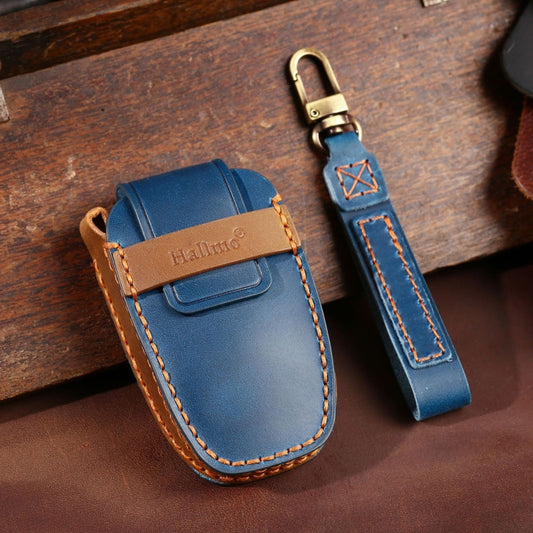 For Lincoln Hallmo Car Cowhide Leather Key Protective Cover Key Case(Blue) by Hallmo