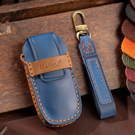 For Nissan Teana / Ariya 3-button Horn Hallmo Car Cowhide Leather Key Protective Cover Key Case(Blue) by Hallmo