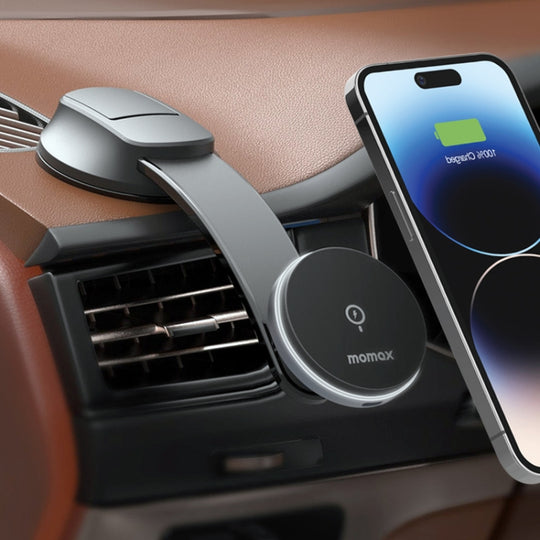 MOMAX CM25B Magnetic Wireless Charger Car Suction Cup Phone Holder
