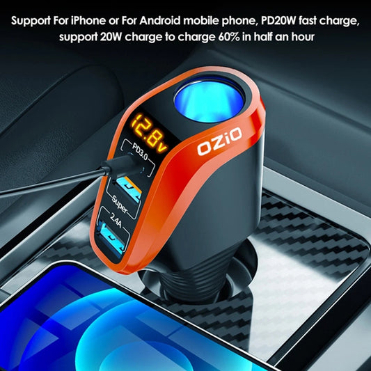 Ozio DY48TC 188W Type-C + USB Dual Port Multi-function Car Charger with Cigarette Lighter (Orange) by ozio