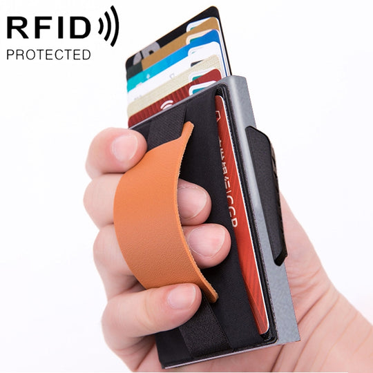 X-32C Automatically Pop-up Card Type Anti-magnetic RFID Anti-theft Men Aluminum Alloy B Dial Button Elastic Bag Wallet with PU Leather Strap(Grey)