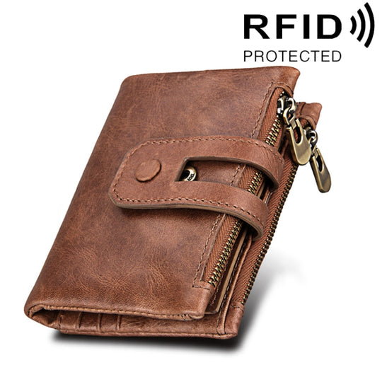Genuine Cowhide Leather Crazy Horse Texture Zipper 3-folding Card Holder Wallet RFID Blocking Coin Purse Card Bag Protect Case for Men, Size: 12*9.5*3.5cm(Taupe)