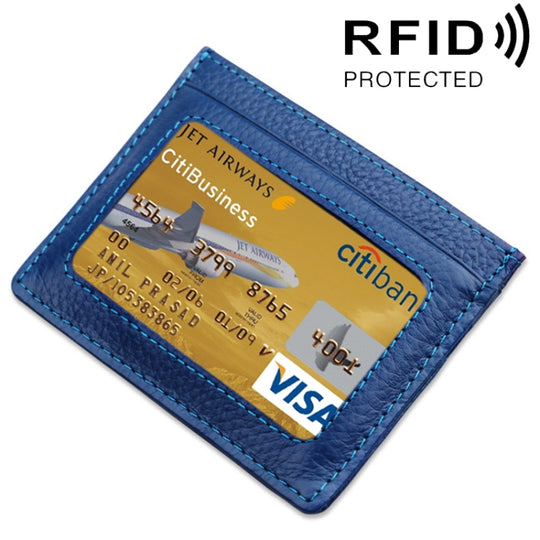 Cowhide Leather Litchi Texture Open Type Solid Color Card Holder RFID Blocking Card Bag Protective Case(Dark Blue)