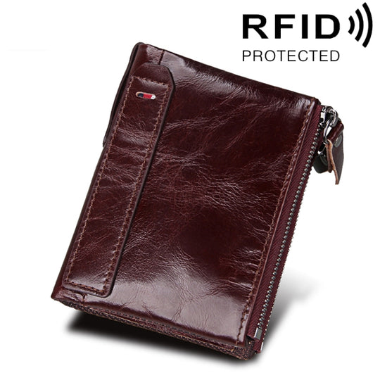 Genuine Cowhide Leather Crazy Horse Texture Dual Zipper Short Style Card Holder Wallet RFID Blocking Card Bag Protect Case for Men, Size: 12.1*9.4*2.7cm