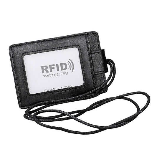 KB153 Antimagnetic RFID Leather Card Holder ID Card Badge with Lanyard(Black) by buy2fix