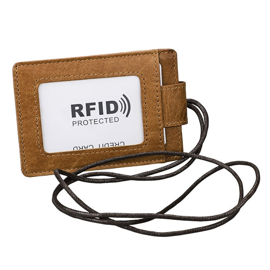 KB153 Antimagnetic RFID Leather Card Holder ID Card Badge with Lanyard(Yellowish-brown) by buy2fix