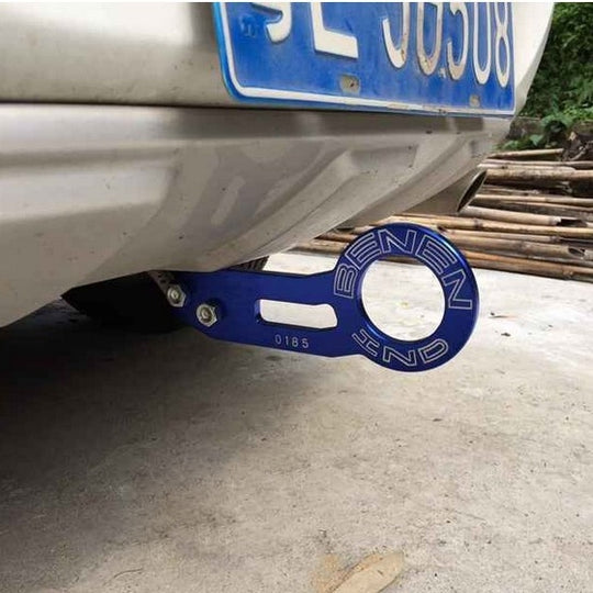Benen Anneau de remorque de crochet de remorquage arrière en alliage d'aluminium pour voiture universelle avec deux trous de vis (bleu)