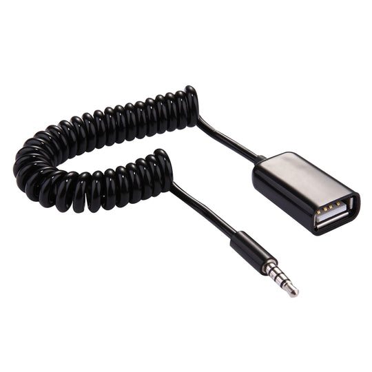 3,5-mm-Stecker auf USB 2.0-Buchse, Audiokonverter, einziehbares Spiralkabel für Auto-MP3-Lautsprecher, U-Disk, Länge: 1 m (schwarz)