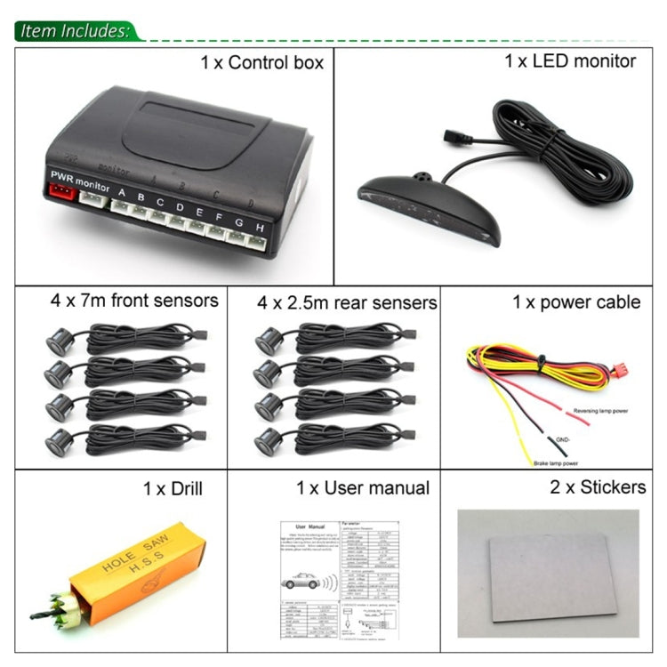 PZ-300-8 Car Parking Reversing Buzzer LED Monitor Parking Alarm Assistance System with 4*7m Front Sensors and 4*2.5m Rear Sensors - In Car by buy2fix | Online Shopping UK | buy2fix