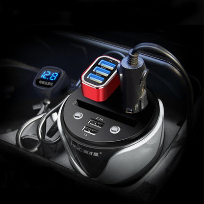 HSC YC-19D Car Cup Charger 2.1A/1A Dual USB Ports Car 12V-24V Charger with 2-Socket Cigarette, Card Socket and LED Display(Silver) - Cigar Socket by buy2fix | Online Shopping UK | buy2fix