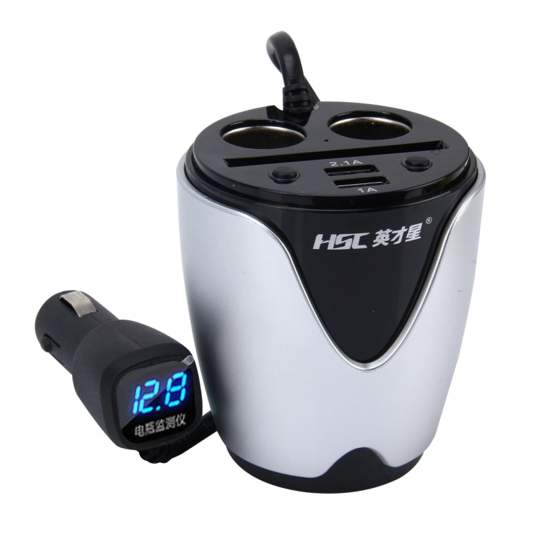 HSC YC-19D Car Cup Charger 2.1A/1A Dual USB Ports Car 12V-24V Charger with 2-Socket Cigarette, Card Socket and LED Display(Silver) - Cigar Socket by buy2fix | Online Shopping UK | buy2fix