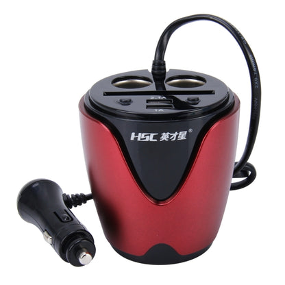 HSC YC-19 Car Cup Charger 2.1A/1A Dual USB Ports Car 12V-24V Charger with 2-Socket Cigarette and Card Socket(Red) - Cigar Socket by buy2fix | Online Shopping UK | buy2fix