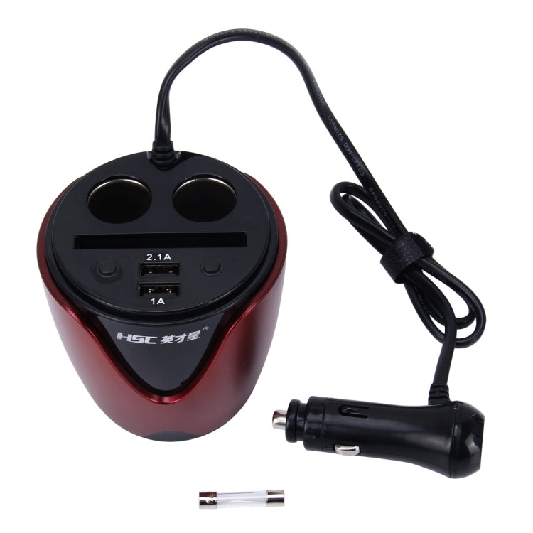 HSC YC-19 Car Cup Charger 2.1A/1A Dual USB Ports Car 12V-24V Charger with 2-Socket Cigarette and Card Socket(Red) - Cigar Socket by buy2fix | Online Shopping UK | buy2fix