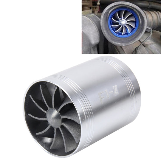F1-Z Auto-Edelstahl-Universal-Kompressor Dual-Doppelturbinen-Lufteinlass-Kraftstoffsparer-Turbo-Ladegerät-Lüfter-Set (Silber)