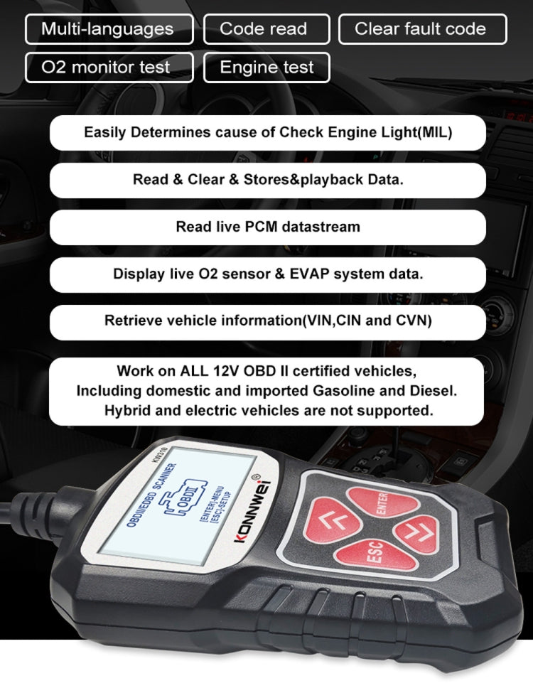 KONNWEI KW310 OBD Car Fault Detector Code Reader ELM327 OBD2 Scanner Diagnostic Tool(Black) - In Car by KONNWEI | Online Shopping UK | buy2fix