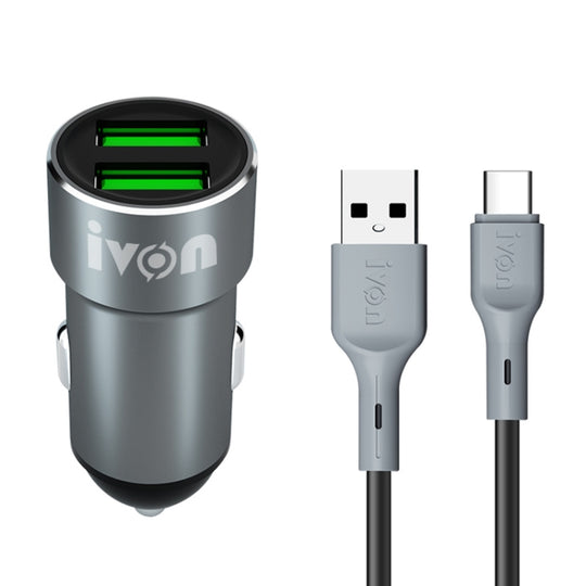 Chargeur de voiture double USB IVO CC38 2,4 A + ensemble de câbles de données de charge rapide USB vers USB-C/Type-C de 1 m