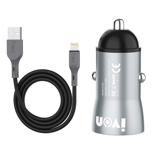 IVON CC39 18W 3.1A QC 3.0 USB Car Charger + 1m USB to 8 Pin Fast Charge Data Cable Set by IVON