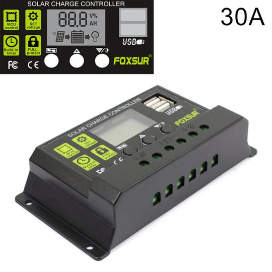 Contrôleur de charge solaire FOXSUR 30A 12V / 24V, contrôleur d'identification automatique