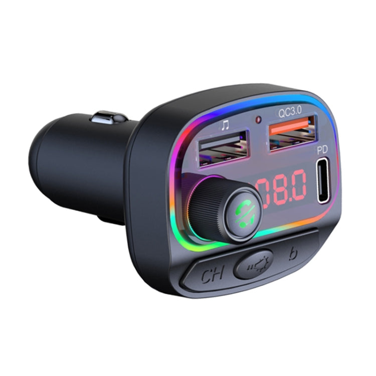 C14 Multifunctional Car Dual QC3.0+PD18W USB Charger Bluetooth FM Transmitter with Atmosphere Light by buy2fix