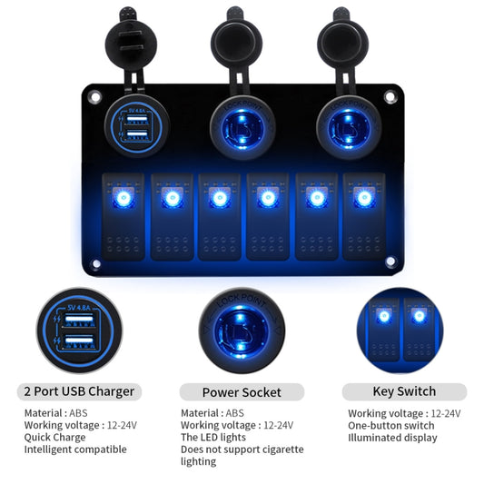Multi-functional Combination Switch Panel 12V / 24V 6 Way Switches + Dual USB Charger for Car RV Marine Boat (Blue Light) by buy2fix