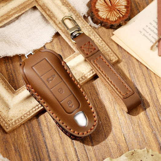Hallmo Car Cowhide Leather Key Protective Cover Key Case for Porsche Macan 718 2021 A Style(Brown) by Hallmo