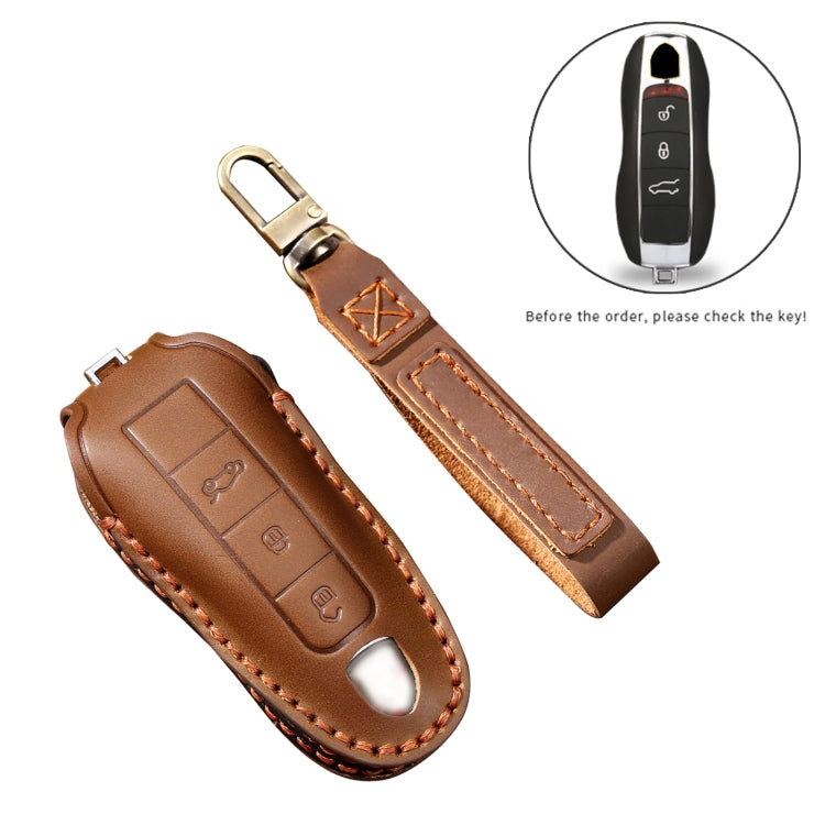 Hallmo Car Cowhide Leather Key Protective Cover Key Case for Porsche Macan 718 2021 A Style(Brown) -  by Hallmo | Online Shopping UK | buy2fix
