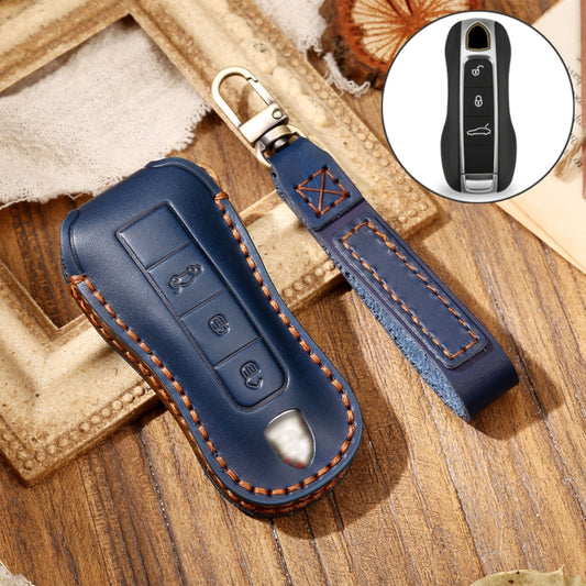 Hallmo Car Cowhide Leather Key Protective Cover Key Case for Porsche Macan 718 2021 B Style(Blue) -  by Hallmo | Online Shopping UK | buy2fix