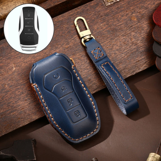 Hallmo Car Cowhide Leather Key Protective Cover Key Case for BYD(Blue)