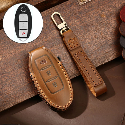 Hallmo Car Cowhide Leather Key Protective Cover Key Case for Nissan Sylphy 3-button Horn(Brown) -  by Hallmo | Online Shopping UK | buy2fix