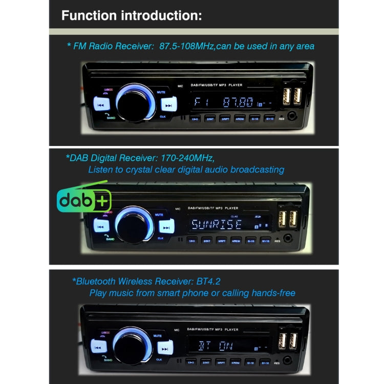 1-Din Car DAB Radio Player Stereo System FM Receiver, Support Bluetooth & U Disk & MP3 & TF Card -  by buy2fix | Online Shopping UK | buy2fix