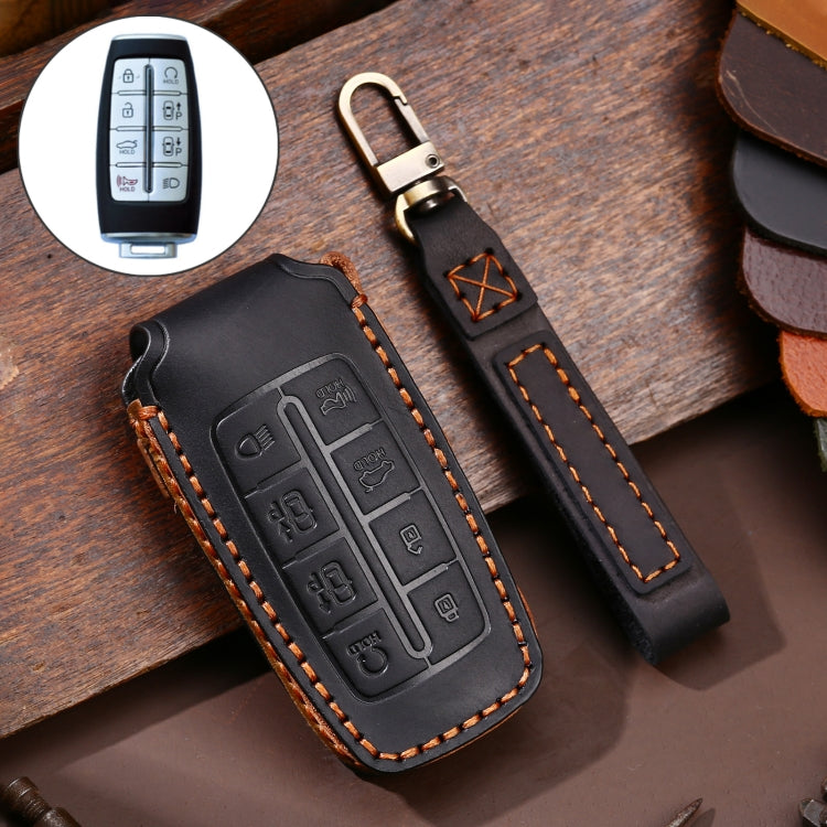 Hallmo Car Cowhide Leather Key Protective Cover Key Case for Hyundai Rohens Genesis 8-button(Black) - In Car by Hallmo | Online Shopping UK | buy2fix