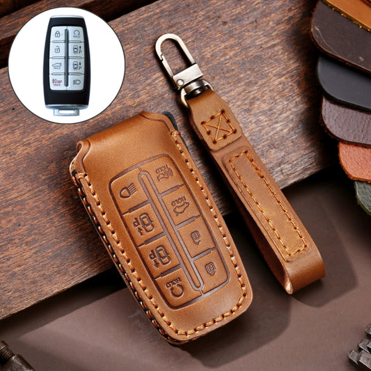 Hallmo Car Cowhide Leather Key Protective Cover Key Case for Hyundai Rohens Genesis 8-button(Brown) - In Car by Hallmo | Online Shopping UK | buy2fix
