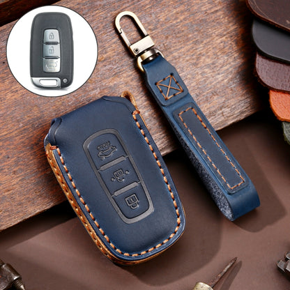 Hallmo Car Cowhide Leather Key Protective Cover Key Case for KIA K2 / K3 / K5 3-button(Blue) - In Car by Hallmo | Online Shopping UK | buy2fix