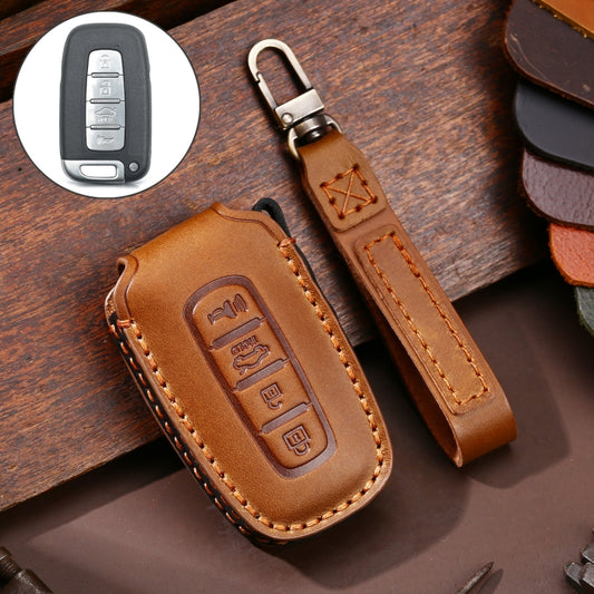 Hallmo Car Cowhide Leather Key Protective Cover Key Case for KIA K2 / K3 / K5 4-button(Brown) - In Car by Hallmo | Online Shopping UK | buy2fix