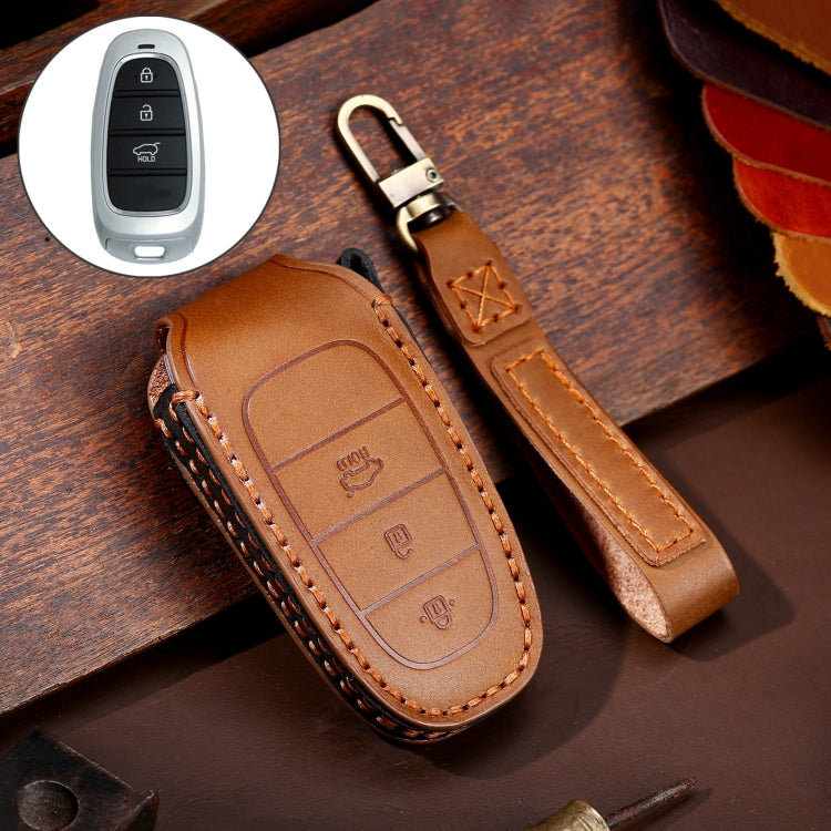 Hallmo Car Cowhide Leather Key Protective Cover Key Case for Hyundai 3-button(Brown) - In Car by Hallmo | Online Shopping UK | buy2fix