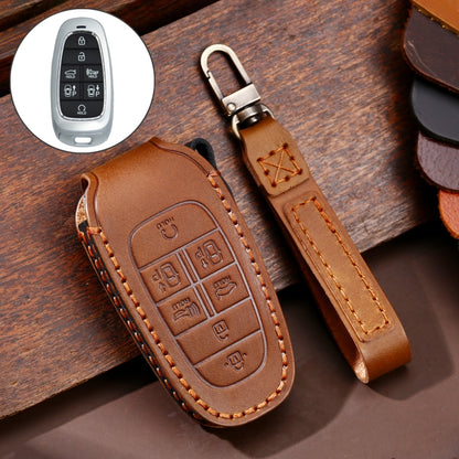 Hallmo Car Cowhide Leather Key Protective Cover Key Case for Hyundai 7-button(Brown) - In Car by Hallmo | Online Shopping UK | buy2fix