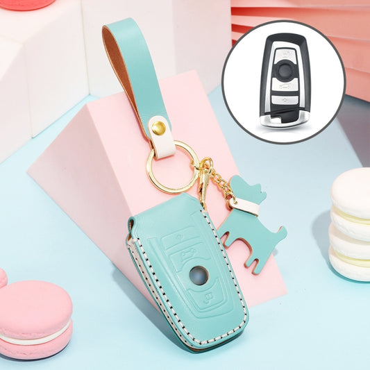 Hallmo Car Female Style Cowhide Leather Key Protective Cover for BMW, A Type (Lake Blue) - In Car by buy2fix | Online Shopping UK | buy2fix