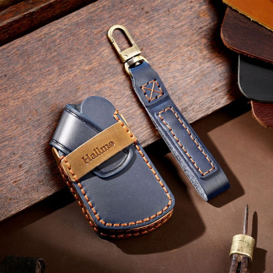 Hallmo Car Cowhide Leather Key Protective Cover for Volkswagen Golf 8(Blue) by Hallmo