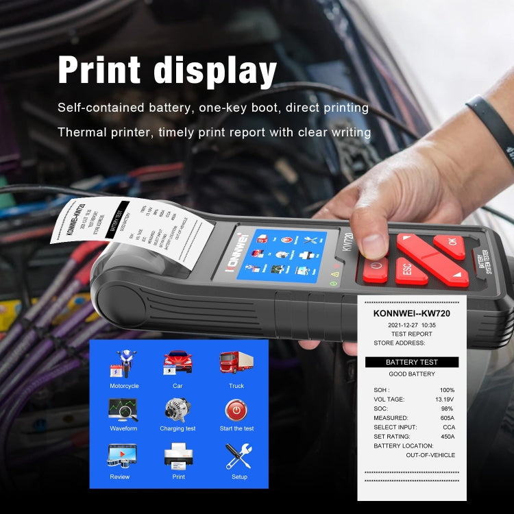 KONNWEI KW720 Car 3.2 inch 6V-24V Lead-acid Battery Tester with Printer - In Car by KONNWEI | Online Shopping UK | buy2fix