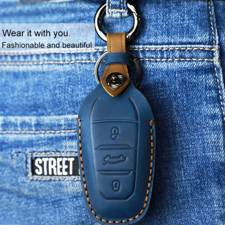 For PEUGEOT Car Cowhide Leather Key Protective Cover Key Case(Blue) by buy2fix