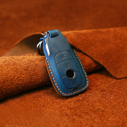 For Mercedes-Benz Colorful Edge Style Car Cowhide Leather Key Protective Cover Key Case (Blue) by buy2fix