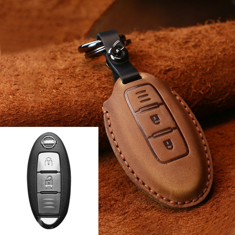 For Nissan Car Cowhide Leather Key Protective Cover Key Case, Three Keys Horizontal Line Version (Brown) by buy2fix