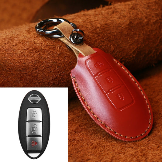 For Nissan Car Cowhide Leather Key Protective Cover Key Case, Three Keys Horn Version (Red) by buy2fix