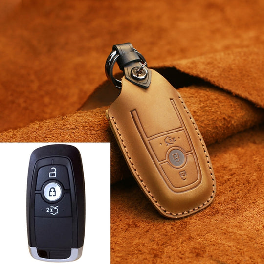Étui de protection en cuir de vache pour clé de voiture Ford, Version à trois clés (marron)