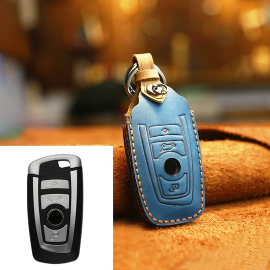 For BMW Old Style Car Cowhide Leather Key Protective Cover Key Case, Three Keys Version (Blue) by buy2fix