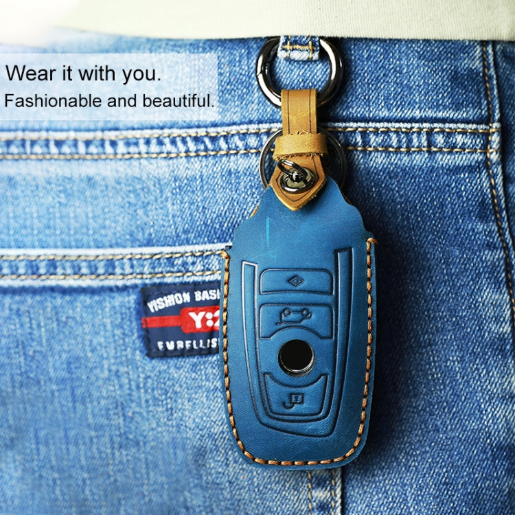 For BMW Old Style Car Cowhide Leather Key Protective Cover Key Case, Three Keys Version (Blue) by buy2fix